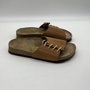 Vtg Birkenstock Papillio Leather Laced Wide Band Slides Womens 7 (38) Brown